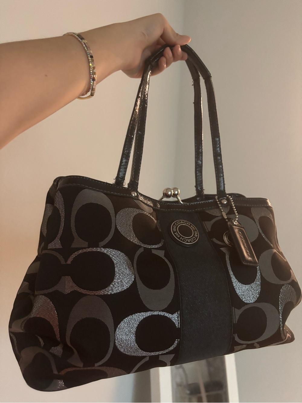 Coach Black and Silver Signature Jacquard Shoulder Bag